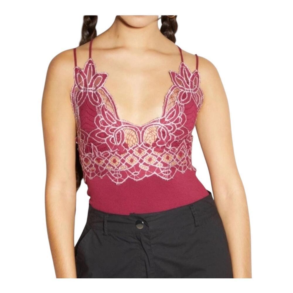 Rue 21 Women's Burgundy Bodysuit small strappy criss cross silver lace detail